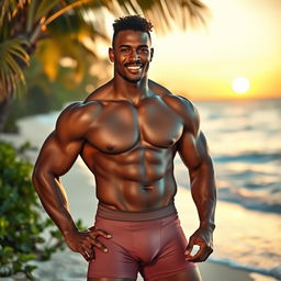 A muscular mulatto man without a shirt wearing tight shorts that accentuate his physique, confidently posing on a sunny beach
