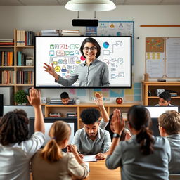 A virtual online classroom scene featuring a diverse group of students engaged in learning with a friendly teacher