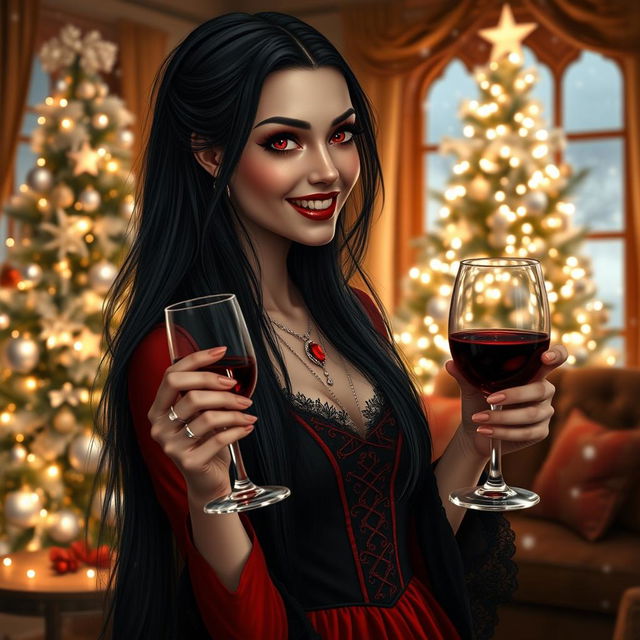 A beautiful vampire girl with long flowing black hair, dressed in a gothic-inspired red and black dress, celebrating Christmas