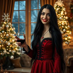 A beautiful vampire girl with long flowing black hair, dressed in a gothic-inspired red and black dress, celebrating Christmas