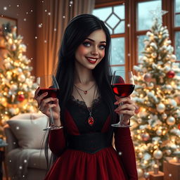 A beautiful vampire girl with long flowing black hair, dressed in a gothic-inspired red and black dress, celebrating Christmas