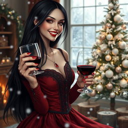 A beautiful vampire girl with long flowing black hair, dressed in a gothic-inspired red and black dress, celebrating Christmas