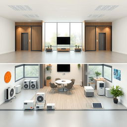 Three different designs for a heating systems company office layout focused on heat pumps and renewable energy