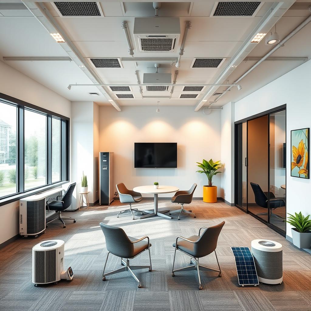 Three different designs for a heating systems company office layout focused on heat pumps and renewable energy