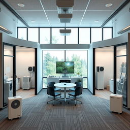 Three different designs for a heating systems company office layout focused on heat pumps and renewable energy
