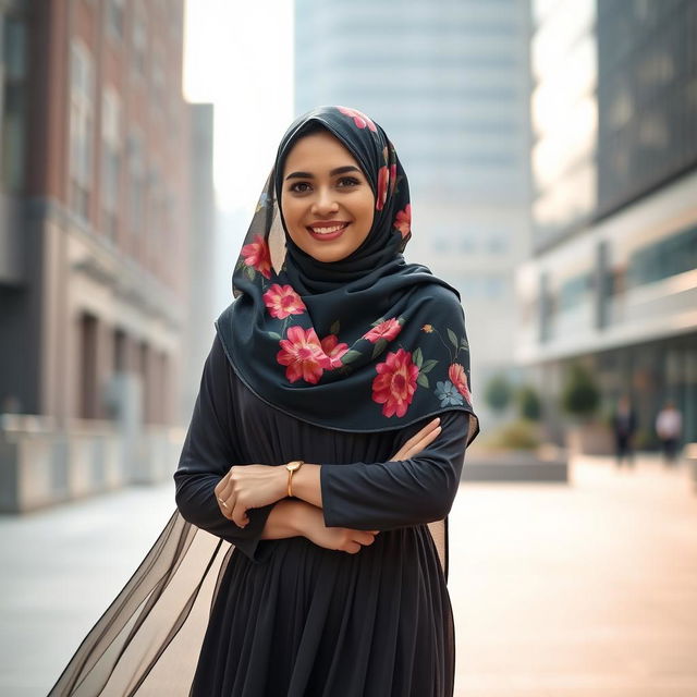 A confident and beautifully dressed woman wearing a large and stylish hijab