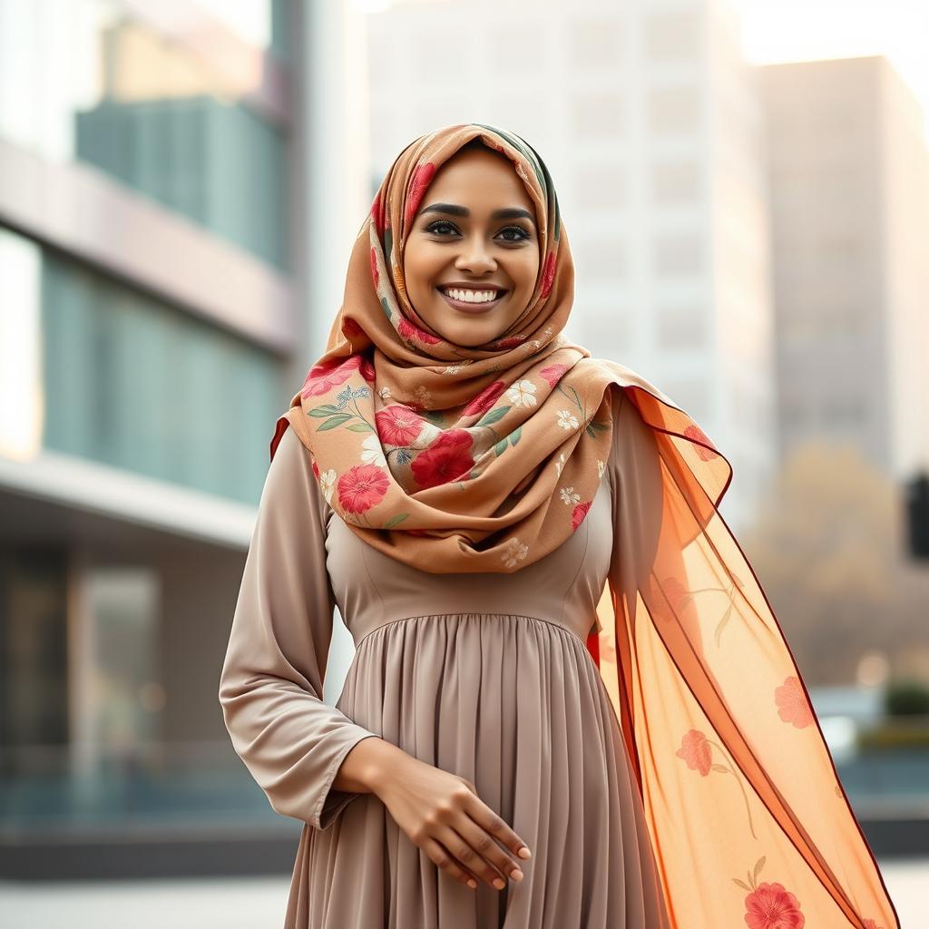 A confident and beautifully dressed woman wearing a large and stylish hijab