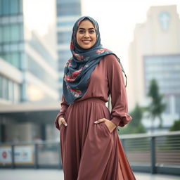 A confident and beautifully dressed woman wearing a large and stylish hijab