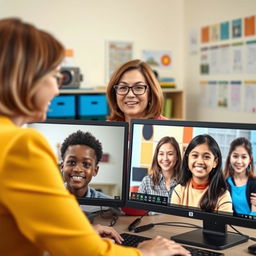 A dedicated and engaging teacher conducting a virtual classroom session with diverse students on computer screens