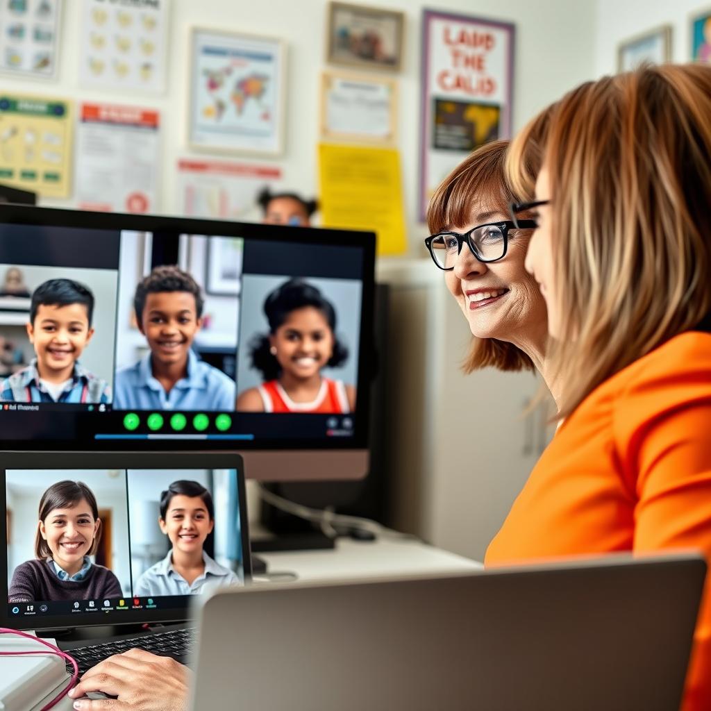 A dedicated and engaging teacher conducting a virtual classroom session with diverse students on computer screens