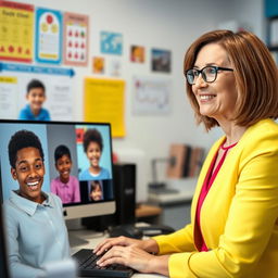 A dedicated and engaging teacher conducting a virtual classroom session with diverse students on computer screens
