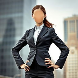 A confident girl wearing a tailored suit, with striking posture and a proud demeanor, but without a visible face, creating an air of mystery