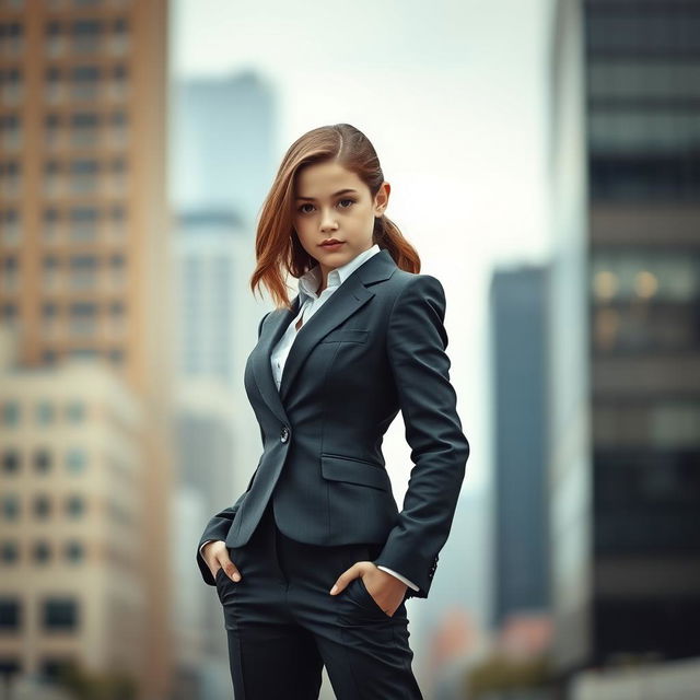 A confident girl wearing a tailored suit, with striking posture and a proud demeanor, but without a visible face, creating an air of mystery