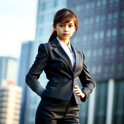 A confident girl wearing a tailored suit, with striking posture and a proud demeanor, but without a visible face, creating an air of mystery