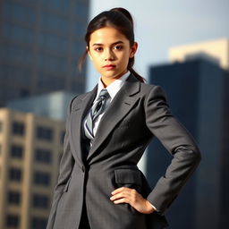A confident girl wearing a tailored suit, with striking posture and a proud demeanor, but without a visible face, creating an air of mystery