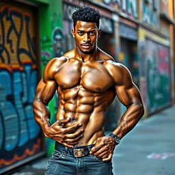 A strong, muscular, mulatto man without a shirt, confidently posing while gripping his groin, showcasing his well-defined physique