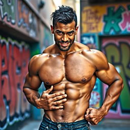 A strong, muscular, mulatto man without a shirt, confidently posing while gripping his groin, showcasing his well-defined physique