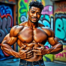 A strong, muscular, mulatto man without a shirt, confidently posing while gripping his groin, showcasing his well-defined physique
