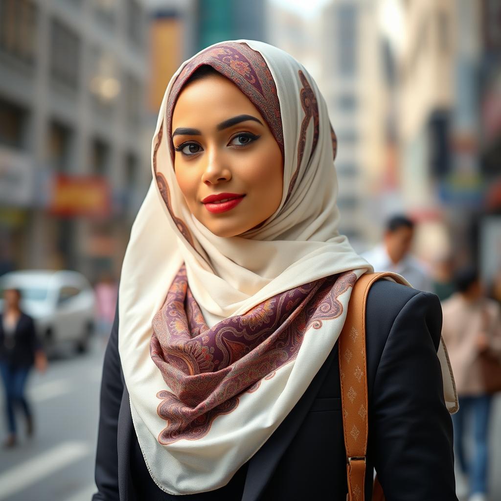 A confident and stylish woman wearing a beautifully designed hijab, exuding elegance and charm