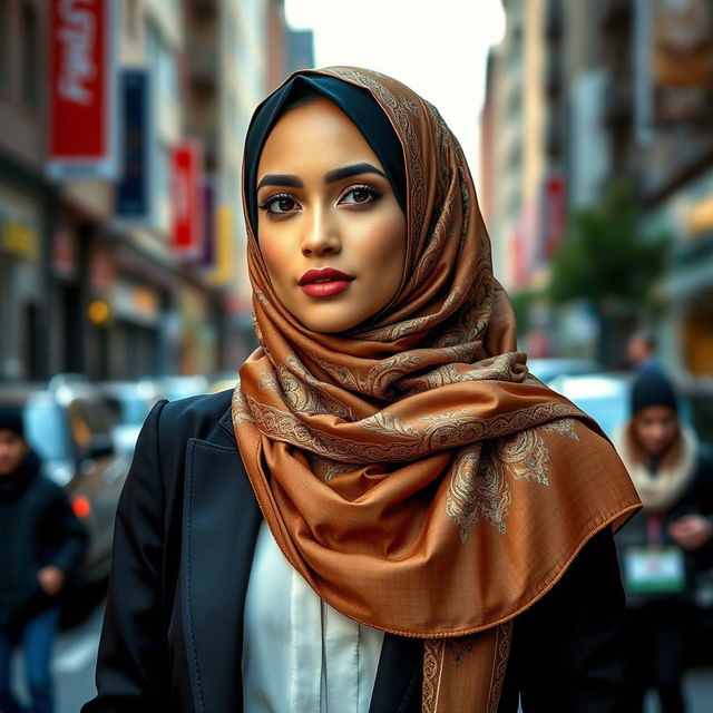 A confident and stylish woman wearing a beautifully designed hijab, exuding elegance and charm