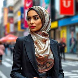 A confident and stylish woman wearing a beautifully designed hijab, exuding elegance and charm