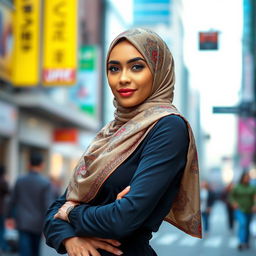 A confident and stylish woman wearing a beautifully designed hijab, exuding elegance and charm