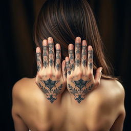A girl from behind with fairly long hair, her hands displayed with intricate tattoos