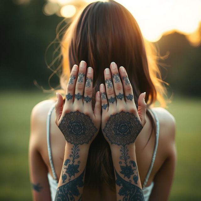 A girl from behind with fairly long hair, her hands displayed with intricate tattoos