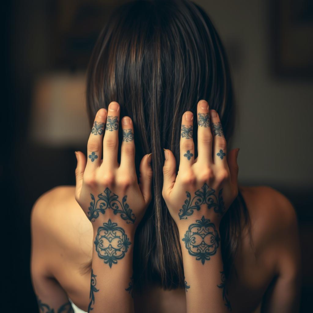 A girl from behind with fairly long hair, her hands displayed with intricate tattoos