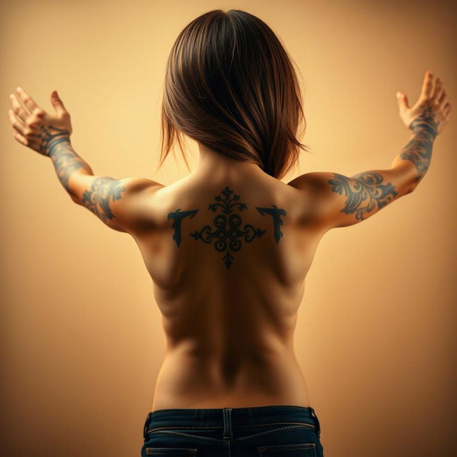 A girl seen from behind with fairly long hair, standing with her arms open wide, showcasing an elaborate tattoo design on her arms