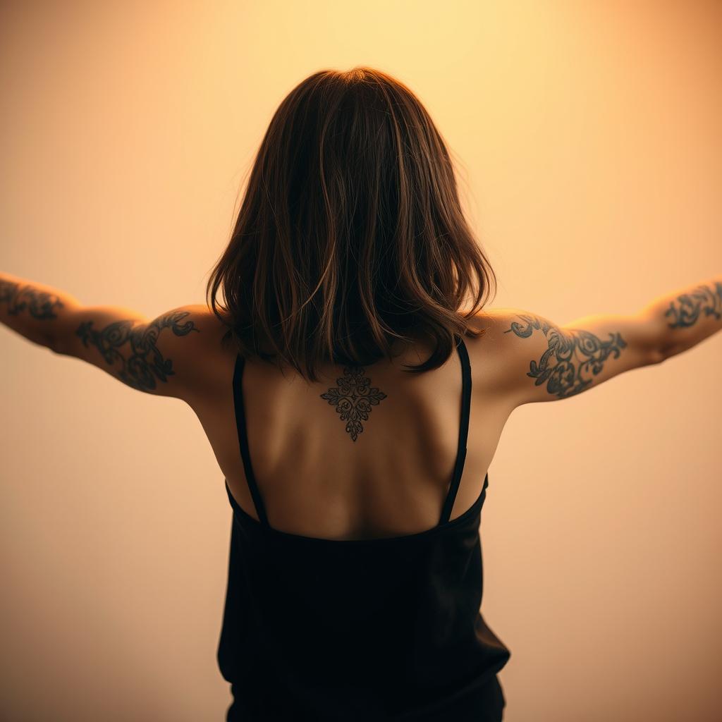 A girl seen from behind with fairly long hair, standing with her arms open wide, showcasing an elaborate tattoo design on her arms