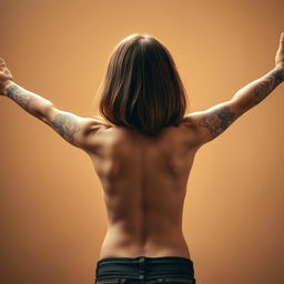 A girl seen from behind with fairly long hair, standing with her arms open wide, showcasing an elaborate tattoo design on her arms