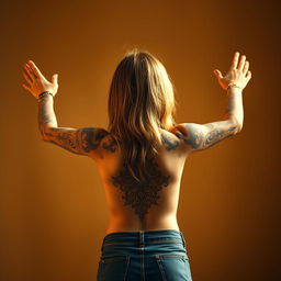 A girl seen from behind with fairly long hair, standing with her arms open wide, showcasing an elaborate tattoo design on her arms