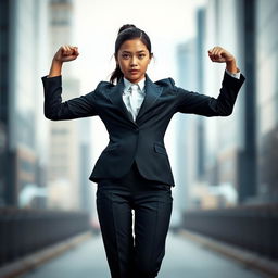 A proud girl wearing a sleek and modern suit, exuding confidence without showing her face, creating an intriguing and artistic composition