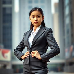 A proud girl wearing a sleek and modern suit, exuding confidence without showing her face, creating an intriguing and artistic composition
