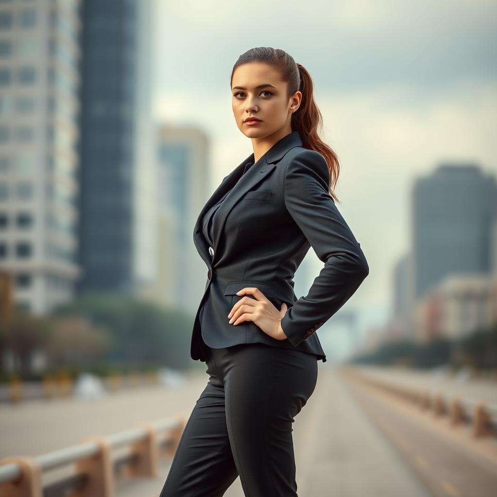 A proud girl wearing a sleek and modern suit, exuding confidence without showing her face, creating an intriguing and artistic composition