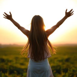 A girl standing with her back facing the viewer, arms outstretched wide, showcasing a sense of freedom and joy