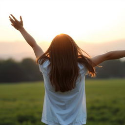 A girl standing with her back facing the viewer, arms outstretched wide, showcasing a sense of freedom and joy
