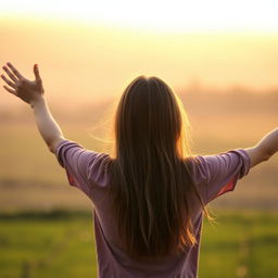 A girl standing with her back facing the viewer, arms outstretched wide, showcasing a sense of freedom and joy