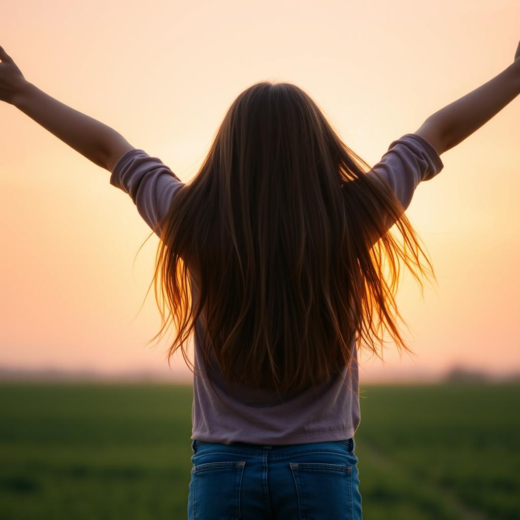 A girl standing with her back facing the viewer, arms outstretched wide, showcasing a sense of freedom and joy