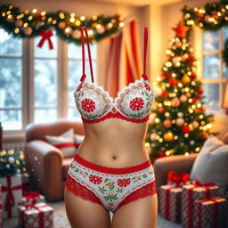 A beautiful and festive Christmas-themed lingerie set showcased against a cheerful holiday background