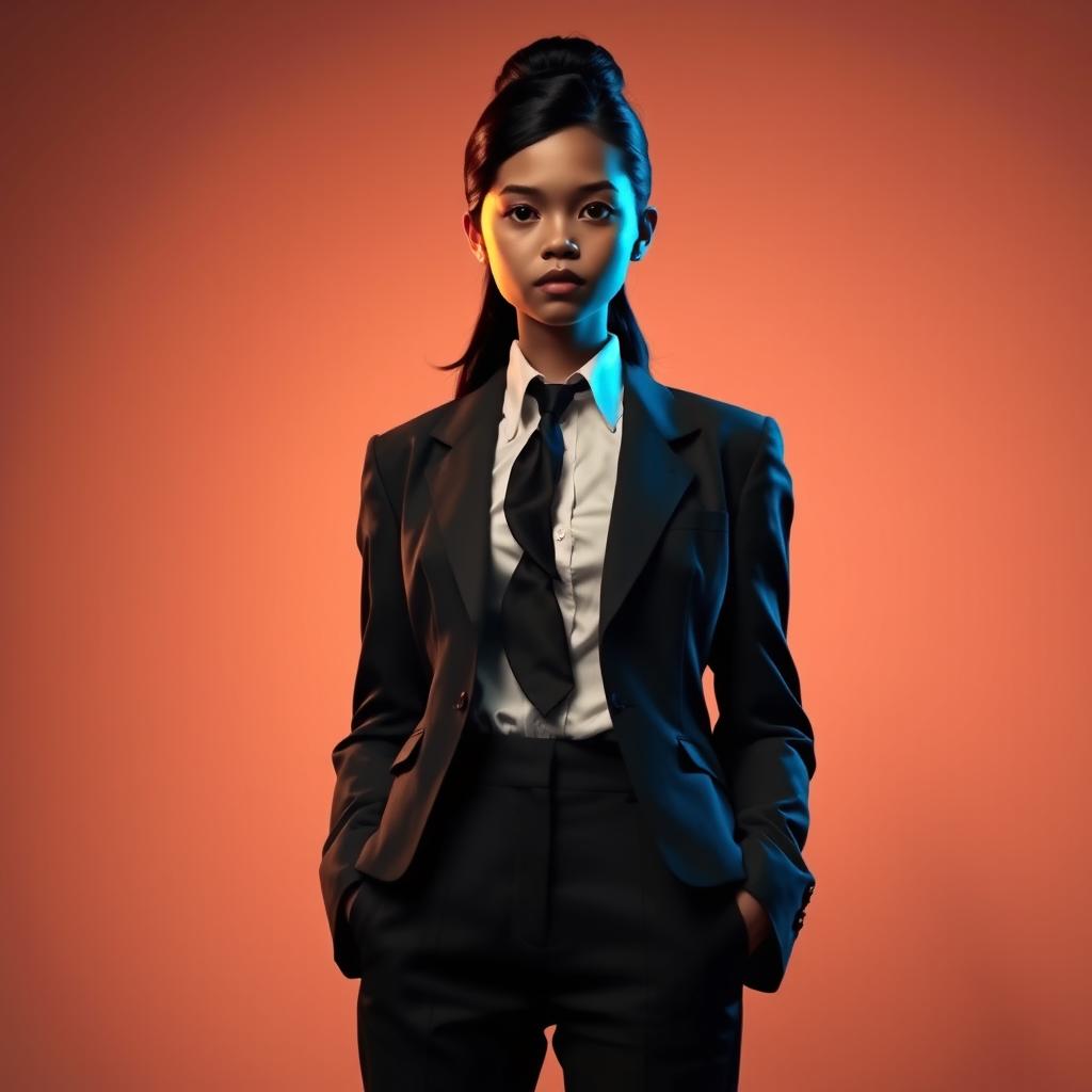 A confident and proud girl wearing a sharp suit, standing tall