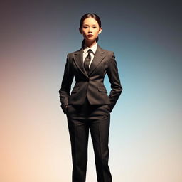 A confident and proud girl wearing a sharp suit, standing tall