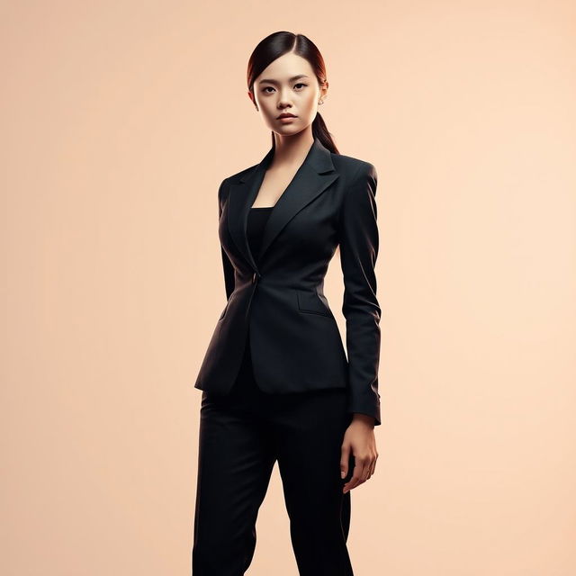 A confident and proud girl wearing a sharp suit, standing tall