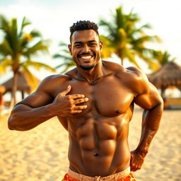 A strong, muscular, mulatto man without a shirt, playfully touching his bulge, showcasing his defined abs and confident demeanor