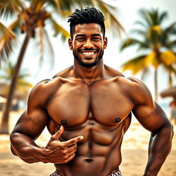A strong, muscular, mulatto man without a shirt, playfully touching his bulge, showcasing his defined abs and confident demeanor