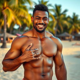 A strong, muscular, mulatto man without a shirt, playfully touching his bulge, showcasing his defined abs and confident demeanor