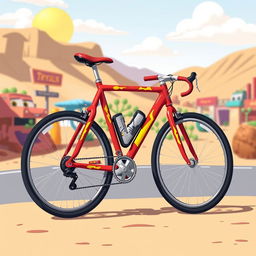 A vibrant and whimsical illustration combining a bicycle with elements inspired by Cars character Lightning McQueen