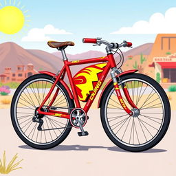 A vibrant and whimsical illustration combining a bicycle with elements inspired by Cars character Lightning McQueen