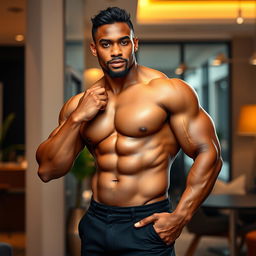 A strong, muscular, mulatto man without a shirt, confidently and provocatively touching himself, displaying his toned physique and confident attitude